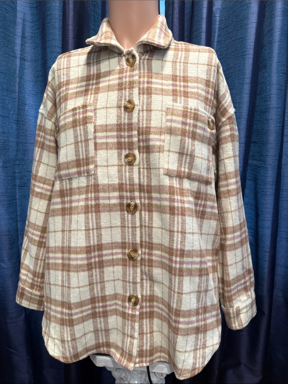 Ladies Papermoon Cream and Brown Plaid Button-Front Jacket